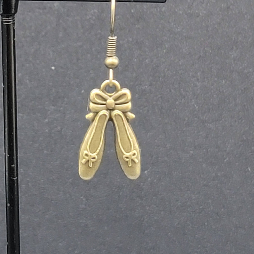 New BALLET SHOES Pierced Earrings Bronze tone Dangle Embossed 7/8"