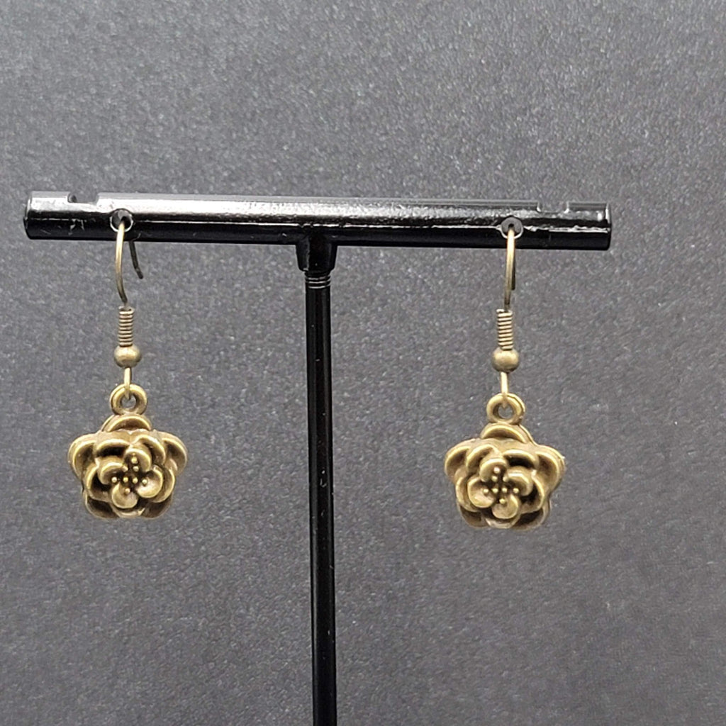 NEW Flower Pierced Earrings Bronze tone Embossed 3D Dangle 5/8"