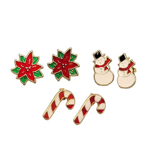 Christmas Pierced Earrings Gold tone Drop Poinsettia Snowman Candy cane Lot of 3