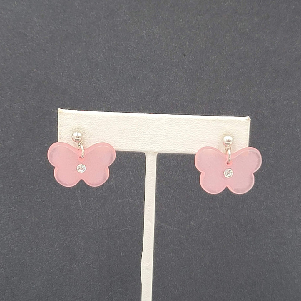 Butterfly Pierced Earrings Silver tone Pink Acrylic Bead Dangle 3/4"