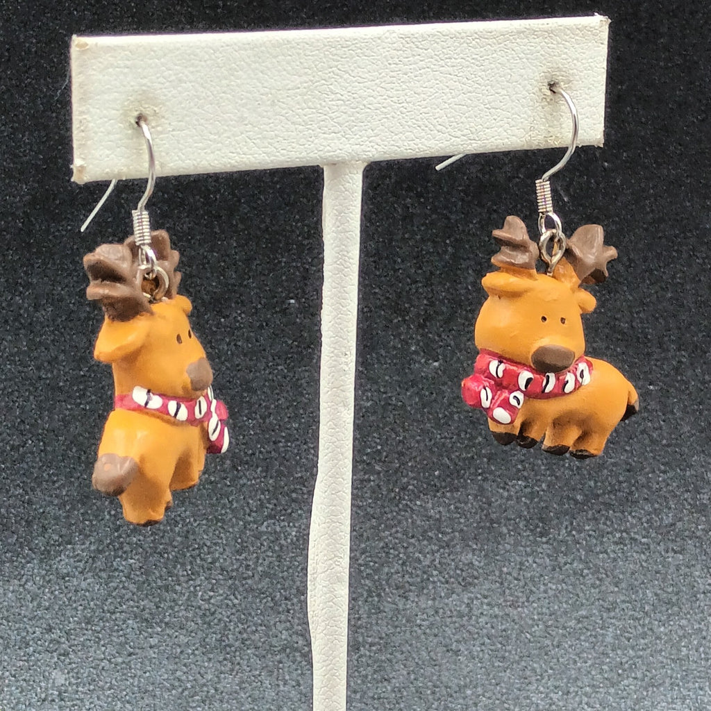 Pierced Earrings Christmas Painted Reindeer Statement Dangle 1"