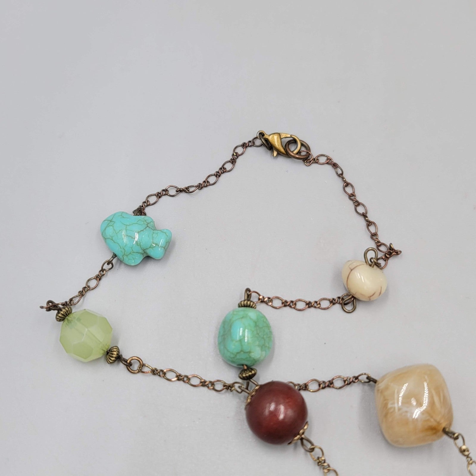 Multicolor Station Bead Necklace Green Brown Blue Flower 32"