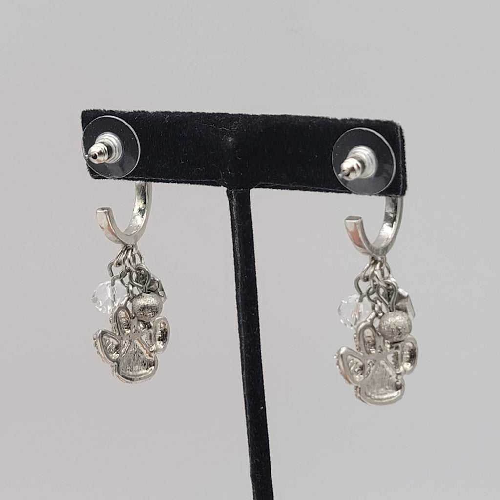 Puppy Paw Crystal Rhinestone Pierced Earrings  Silver tone Dangle Bead 1.75 in