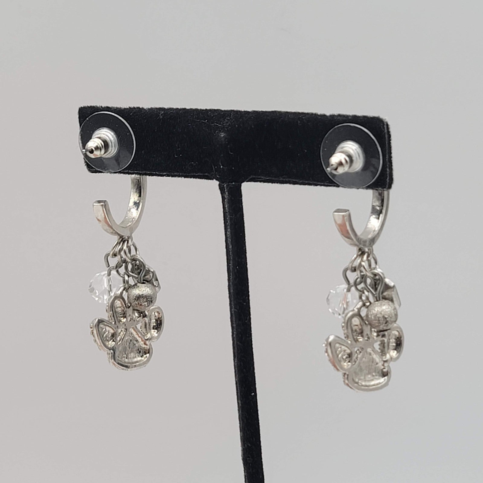 Puppy Paw Crystal Rhinestone Pierced Earrings  Silver tone Dangle Bead 1.75 in