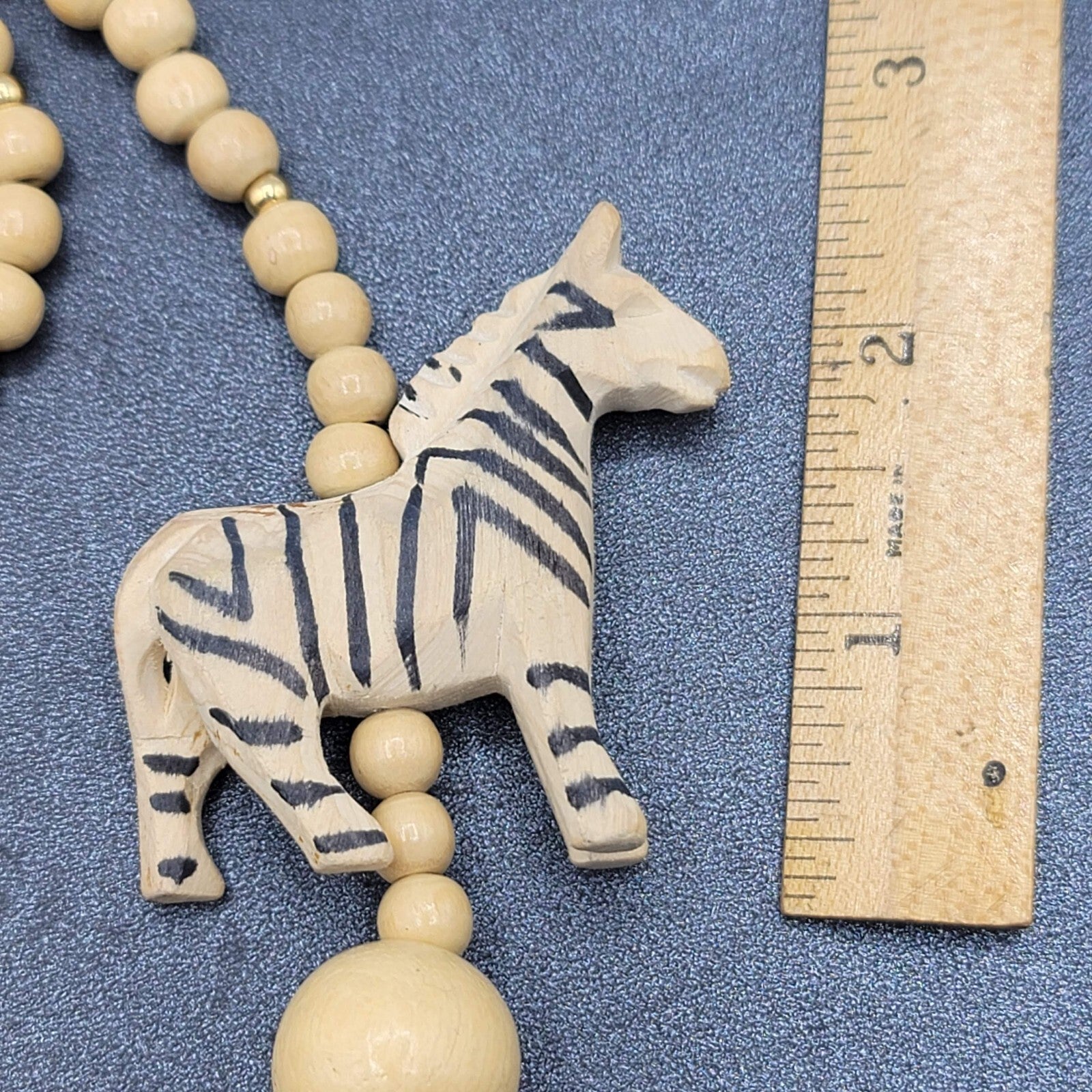 Vintage Safari African Zebra Carved Wood Beaded Necklace 24"