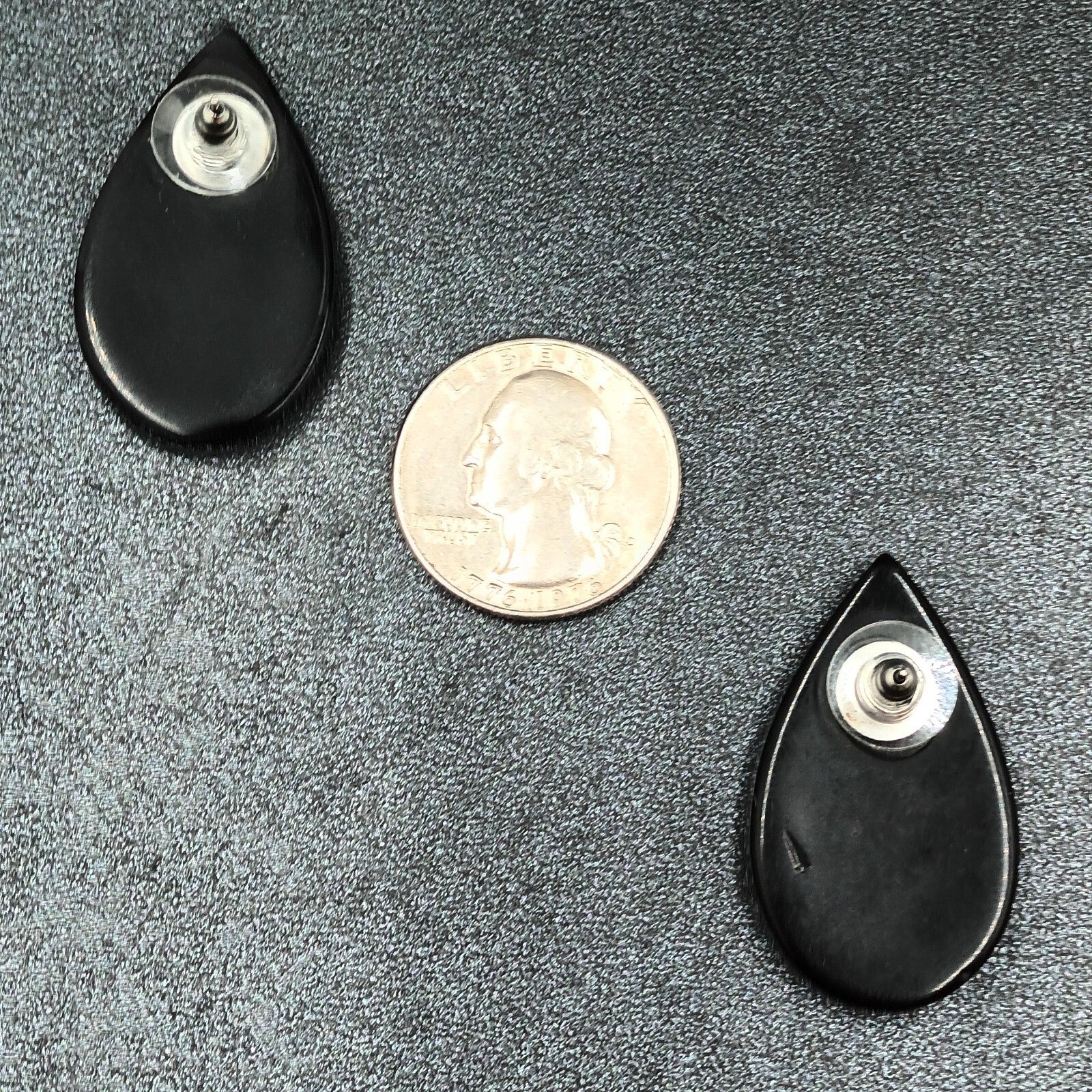 Vintage Pierced Earrings Mother of Pearl Inlaid Black Acrylic Teardrop Drop 1.5"