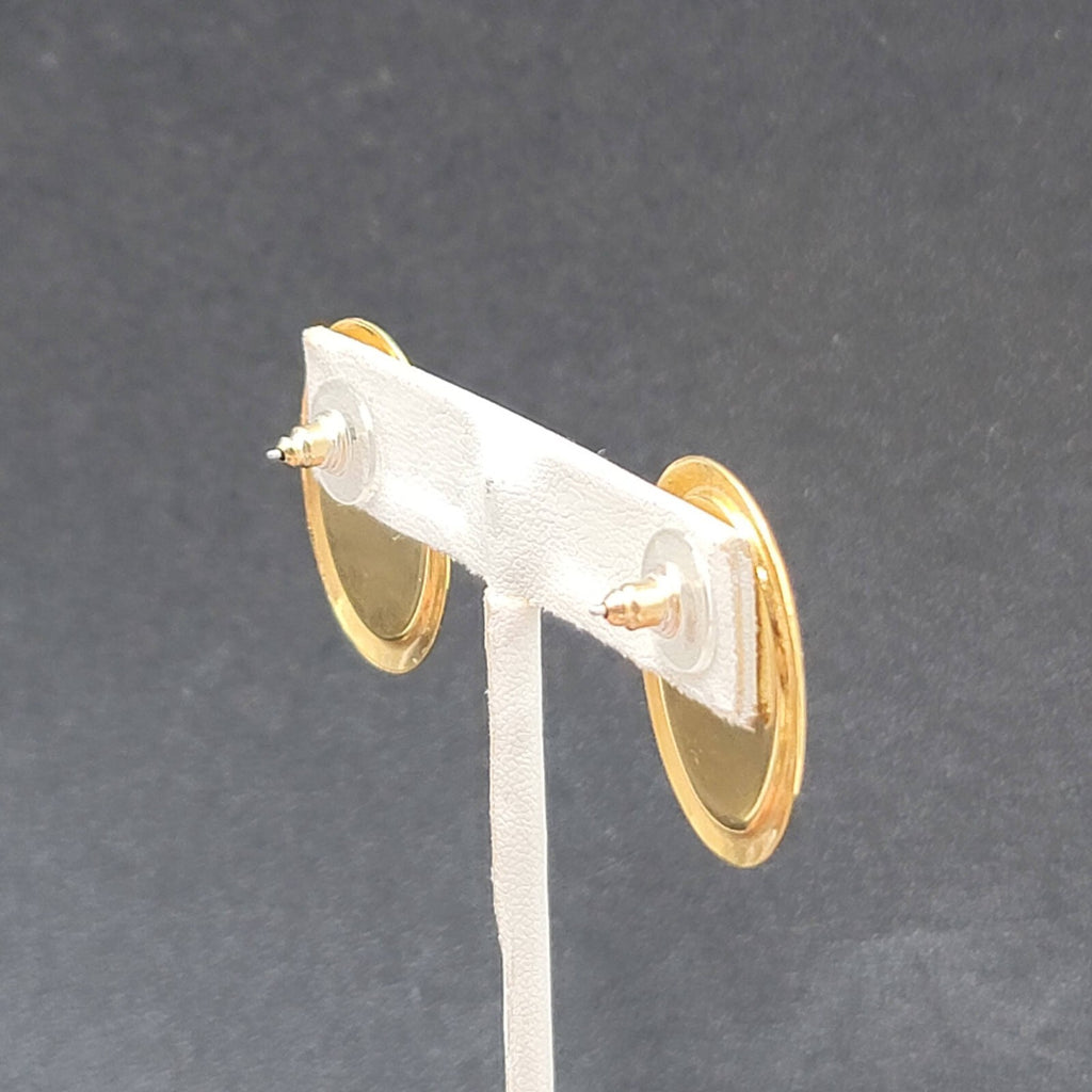 Vintage Pierced Earrings Gold tone Oval Off White Enamel Flat Lightweight 1.25"
