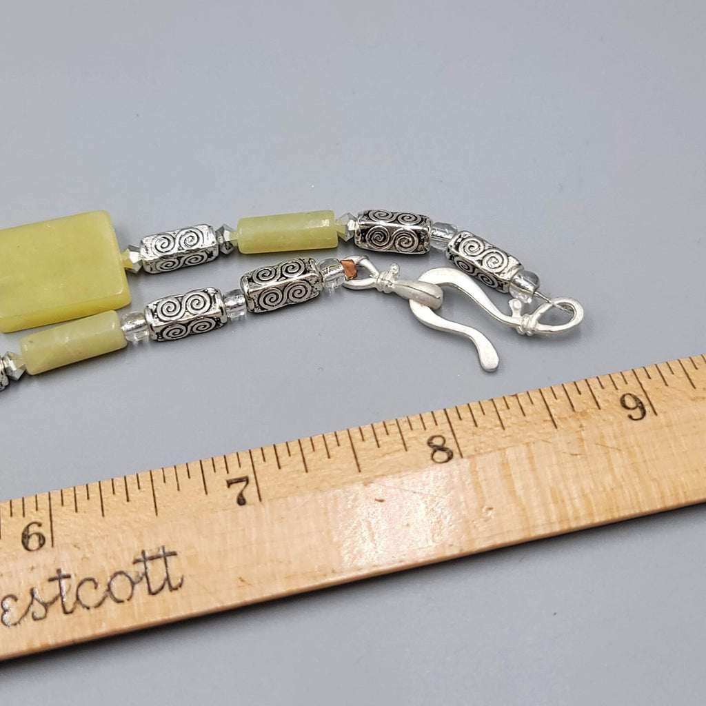 Artisan Light Green Stone Bead Boho Necklace Silver tone 18"