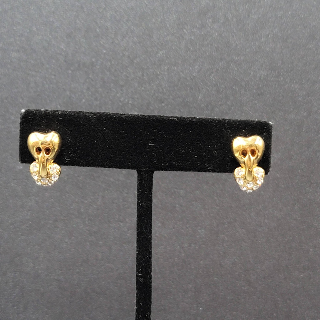 Vintage Pierced Earrings Gold Plated Heart Drop Crystal Rhinestone 5/8"