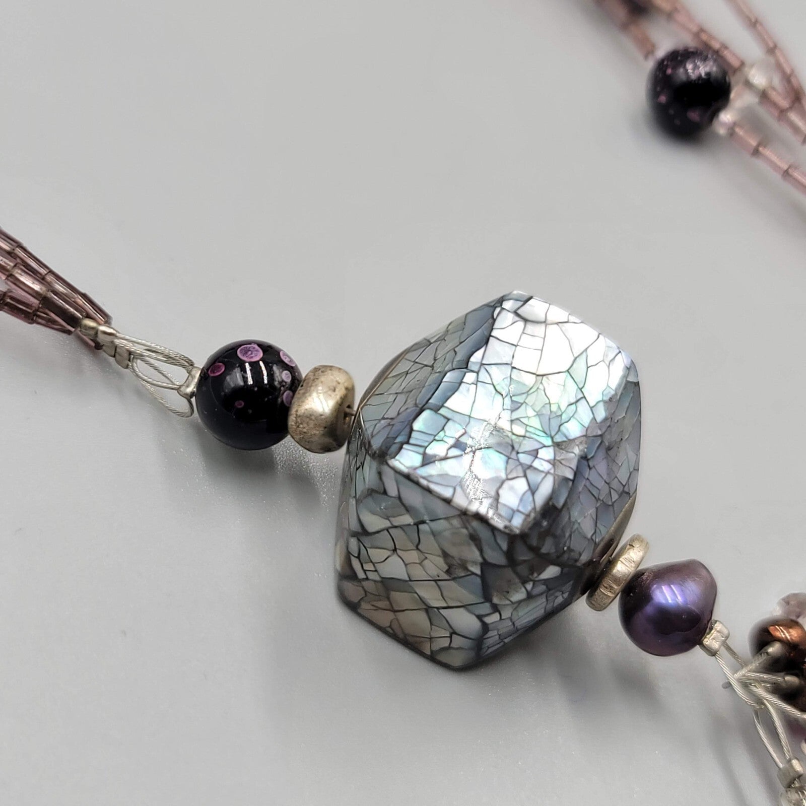 Artisan Necklace Real Pearl and Glass Beads Shell Mosaic Pendant 18"