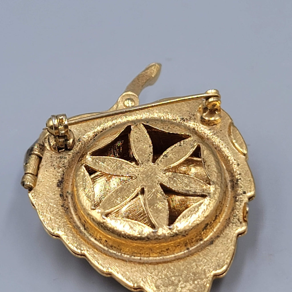 Vintage Signed Avon Gold Tone AB Faceted Teardrop Leaf Brooch Perfume Locket