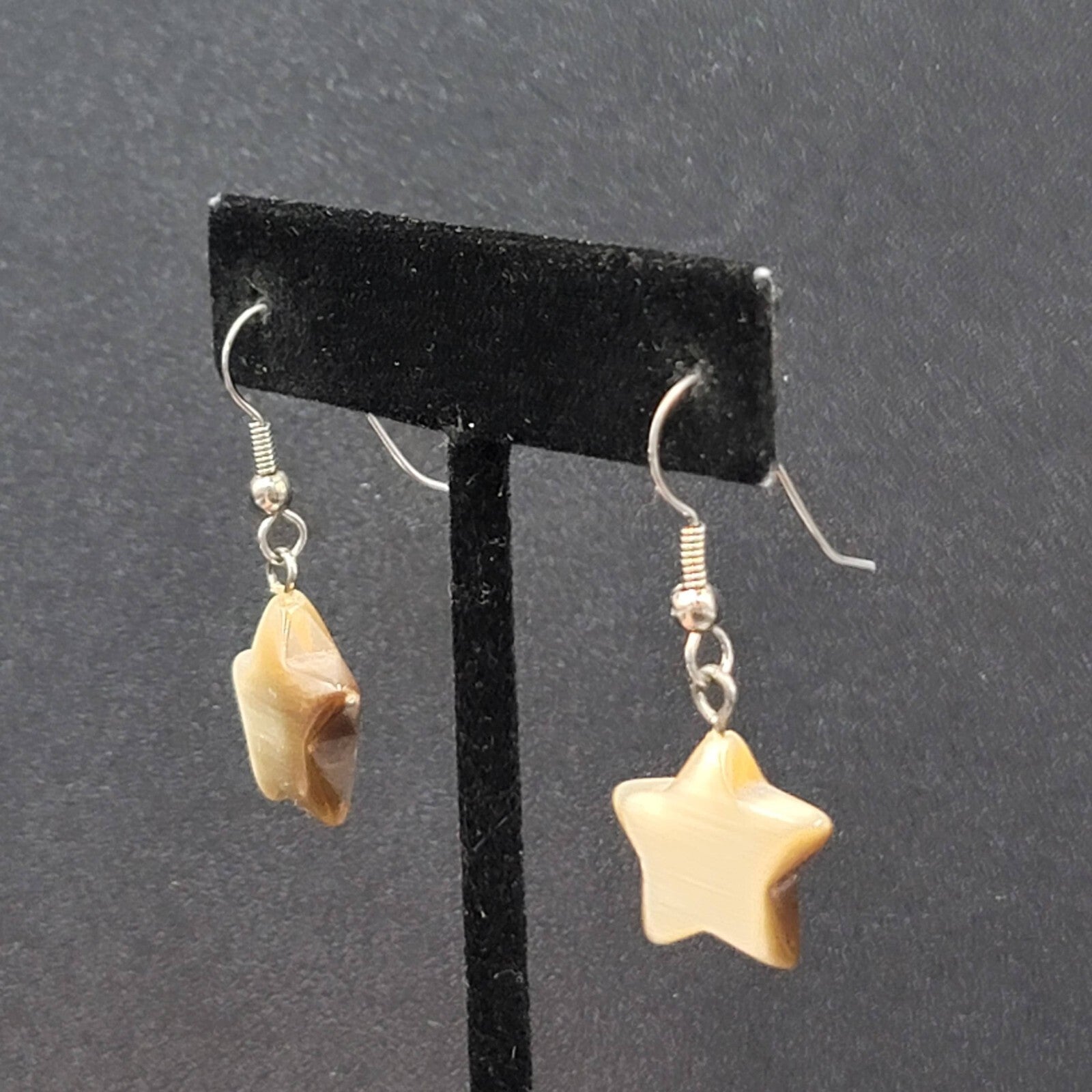 Pierced Earrings Silver tone Tan Brown Satin Cats Eye Glass Star Bead Dangle 3/4
