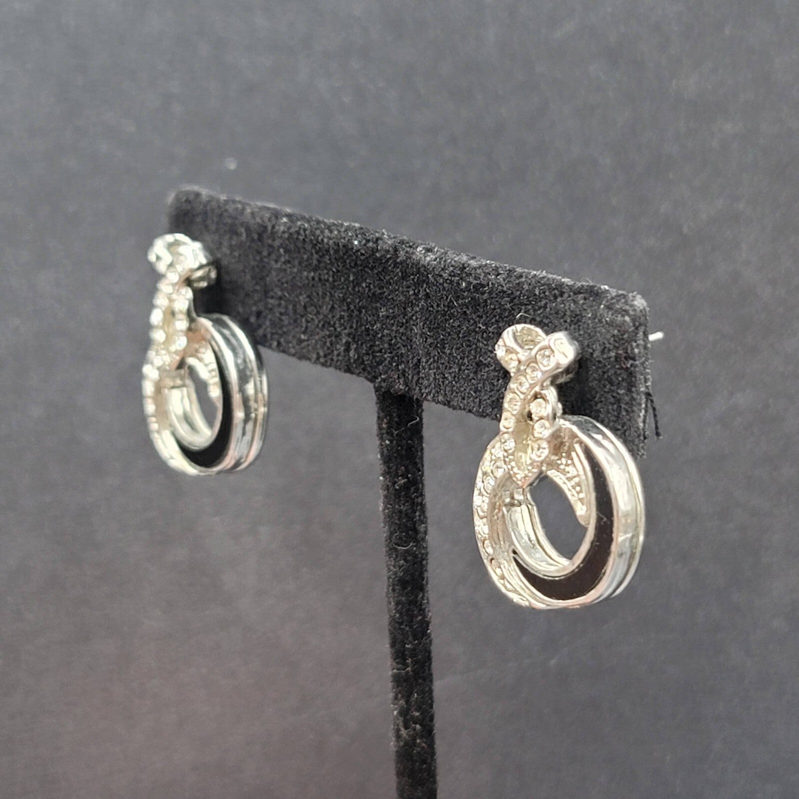 Pierced Earrings Silver tone Black Enamel Rhinestone Drop 1"