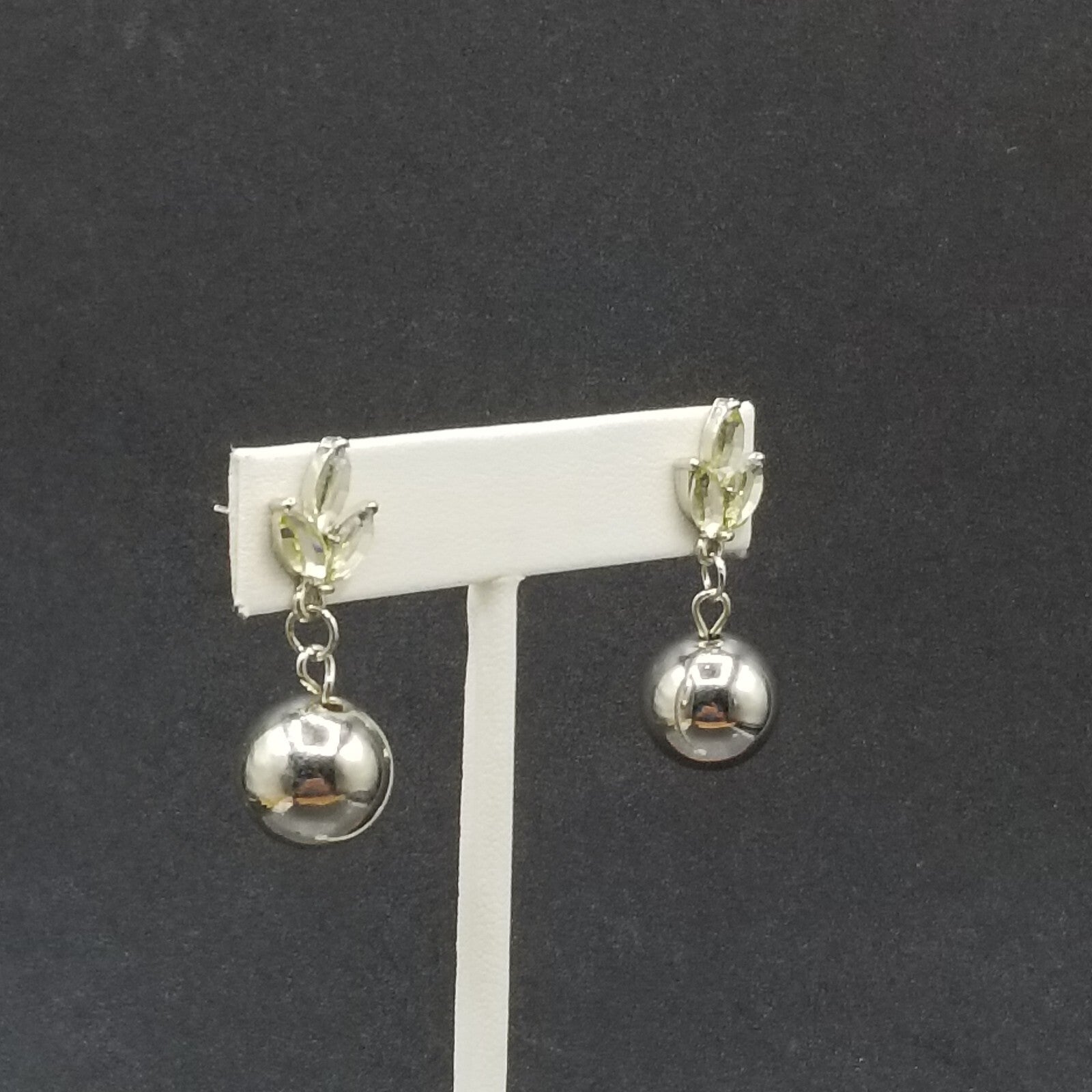 Pierced Earrings Silver tone Faceted Glass Metal Ball Statement Dangle 1 3/8"