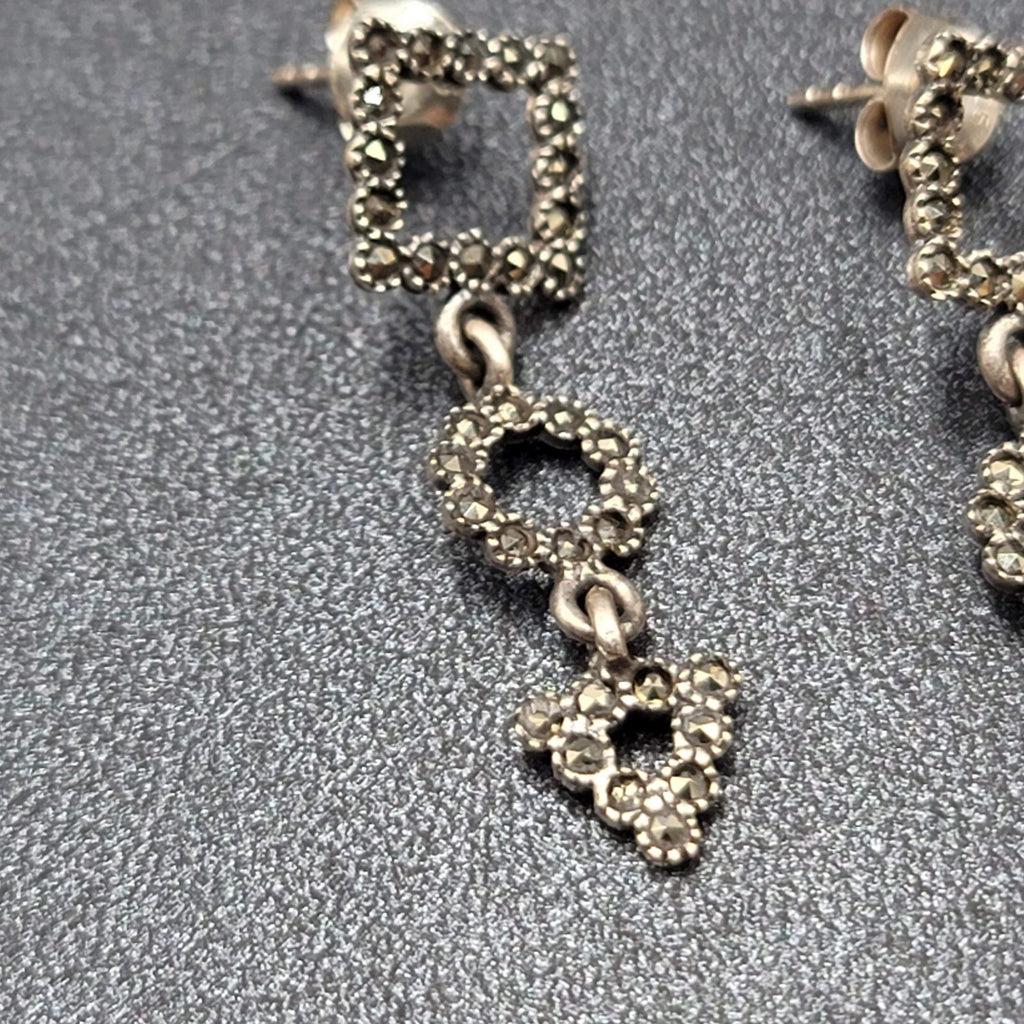 Sterling Silver Pierced Earrings Marcasite Geometric Dangle 1 3/8"