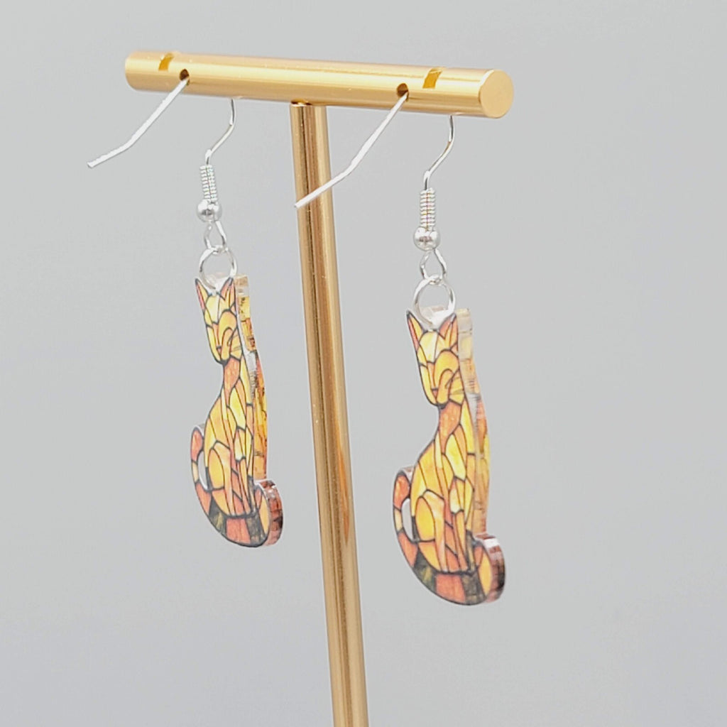 Yellow Kitty Cat Pierced Earrings Acrylic Dangle 1 3/8"