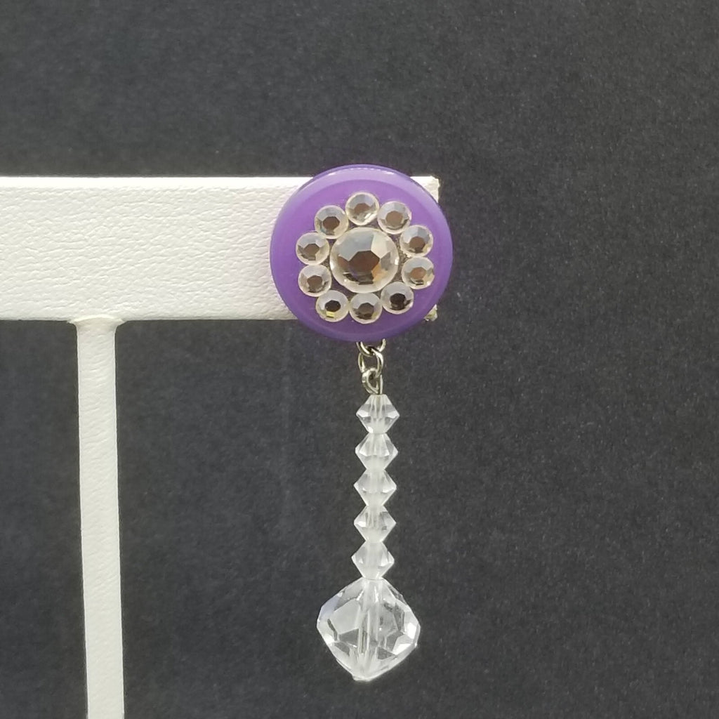 Pierced Earrings Purple Button Crystal Faceted Bead Statement Dangle 2"