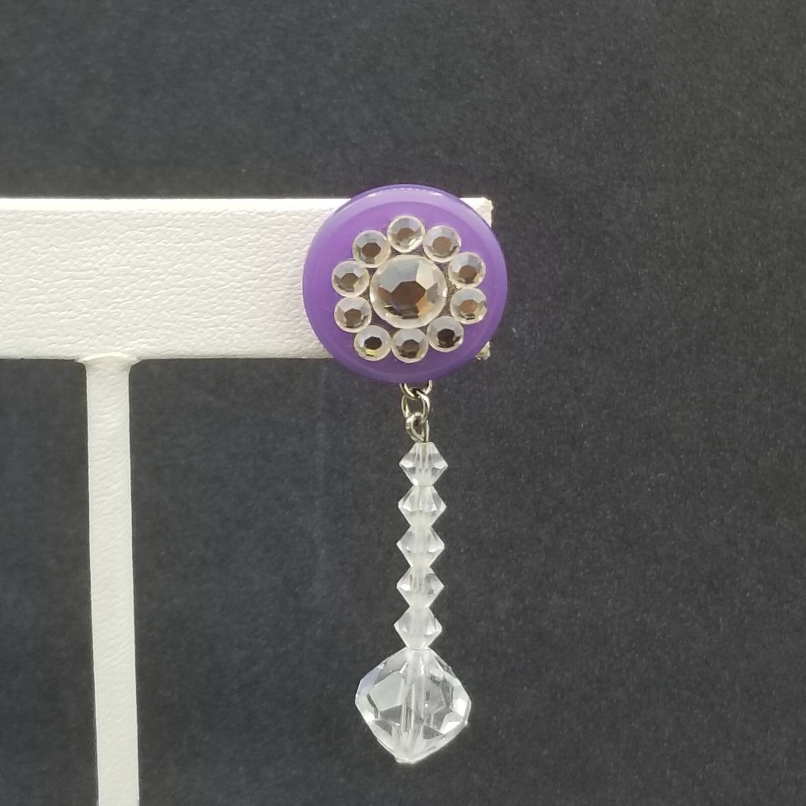 Pierced Earrings Purple Button Crystal Faceted Bead Statement Dangle 2"