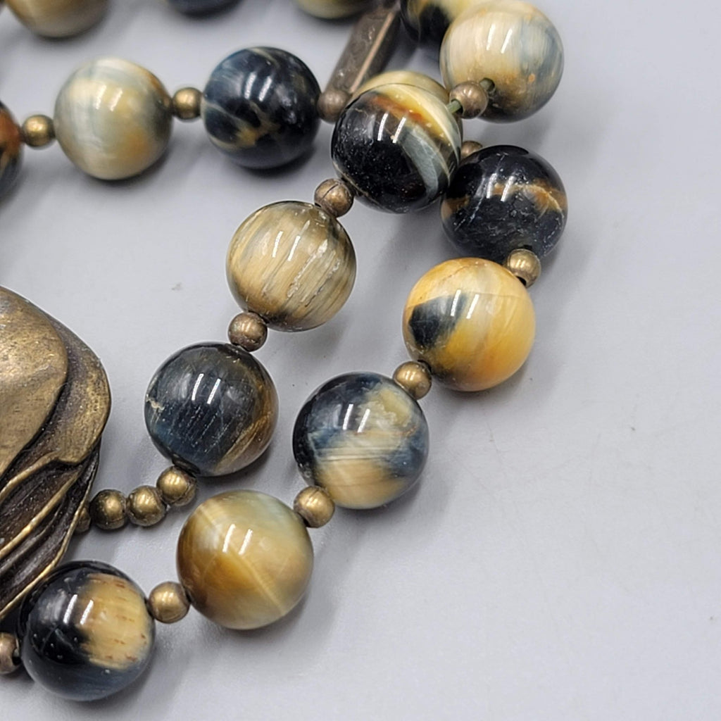 Agate Stone Bead Double Strand Bracelet Bronze tone Signed Elastic