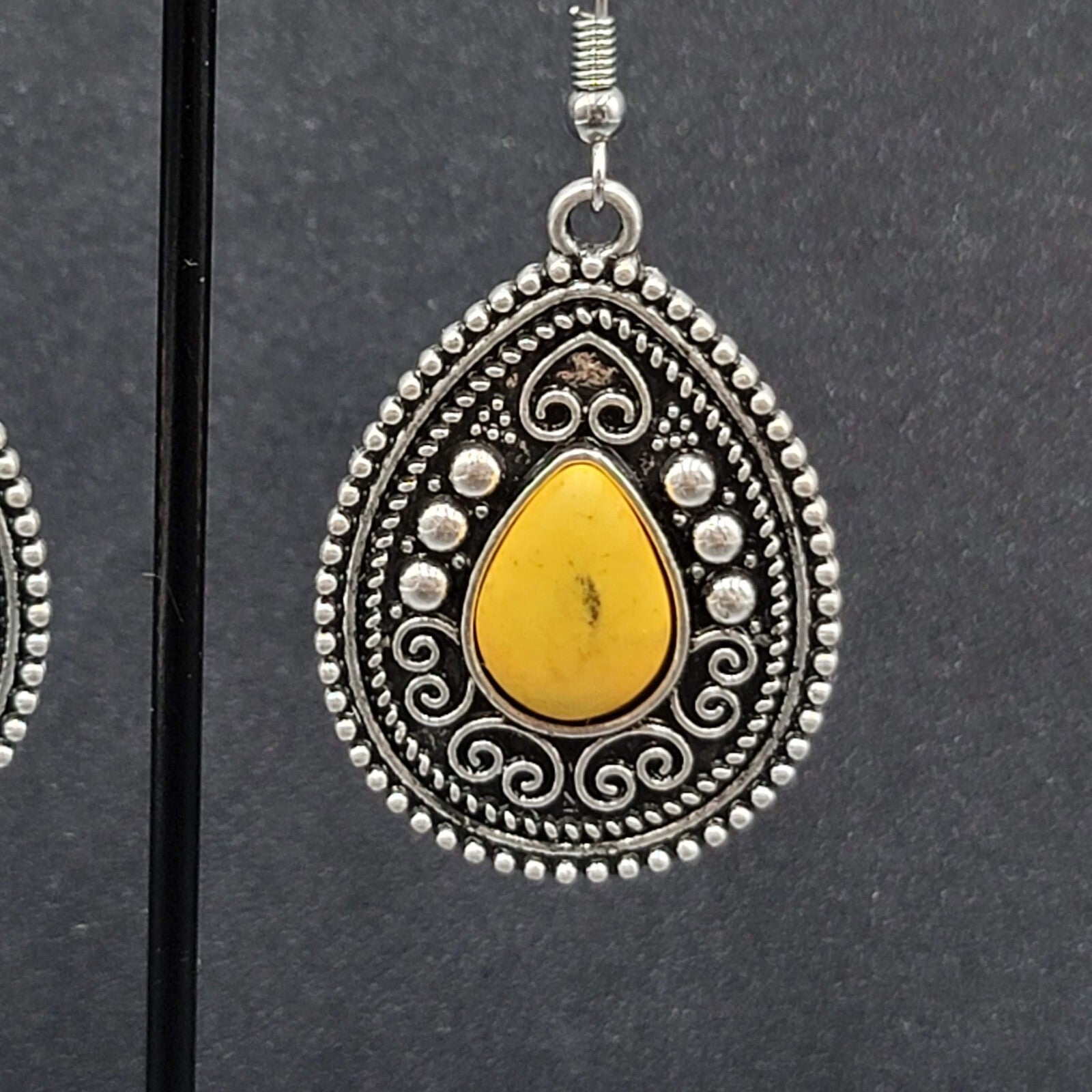 Boho Pierced Earrings Silver tone Yellow Black Center Dangle 1.5"