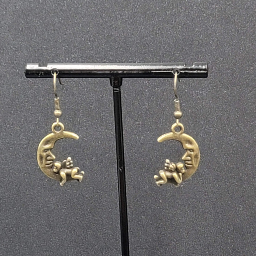 New Cherub Angel Moon Pierced Earrings Bronze tone Dangle 3/4"