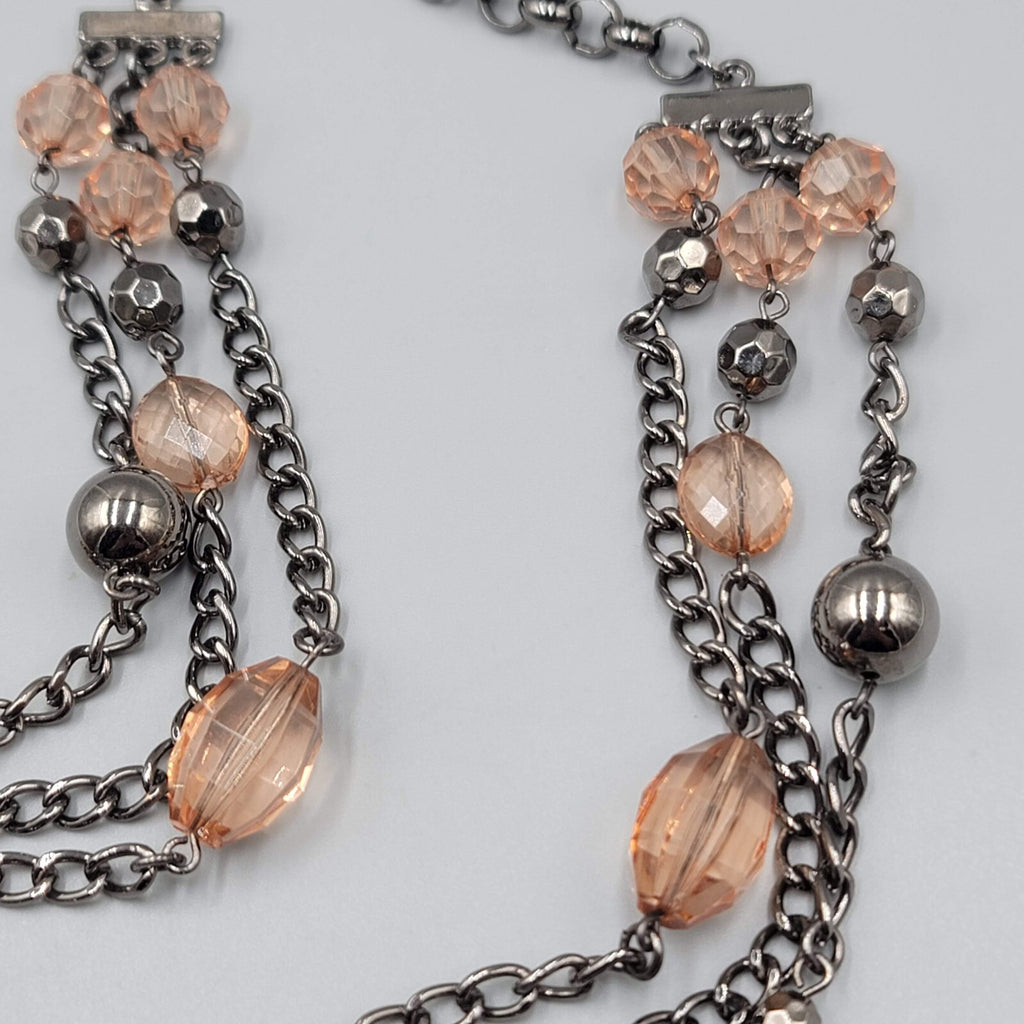 Black Metal Necklace Triple Chain Layered Long Peach Beads 30"