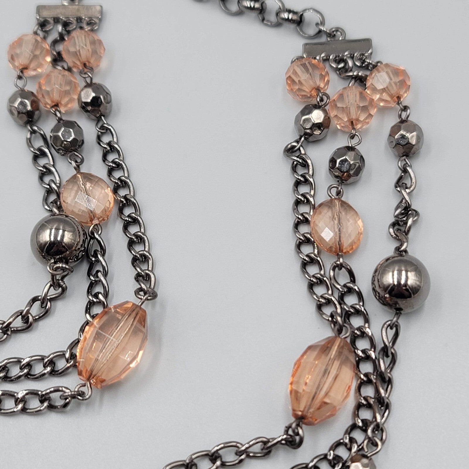 Black Metal Necklace Triple Chain Layered Long Peach Beads 30"