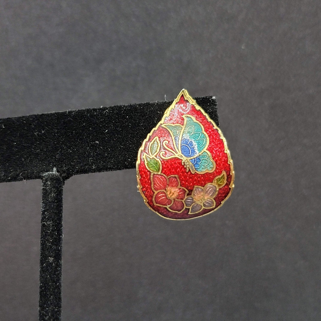 Vintage Clip on Earrings Cloisonne Enamel Flower Butterfly Red Drop 1"