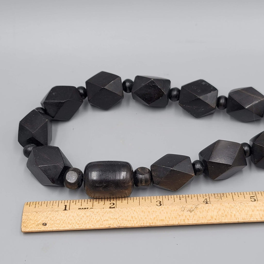 Vintage Large Black Wood Bead Statement Necklace Estate Costume Jewelry