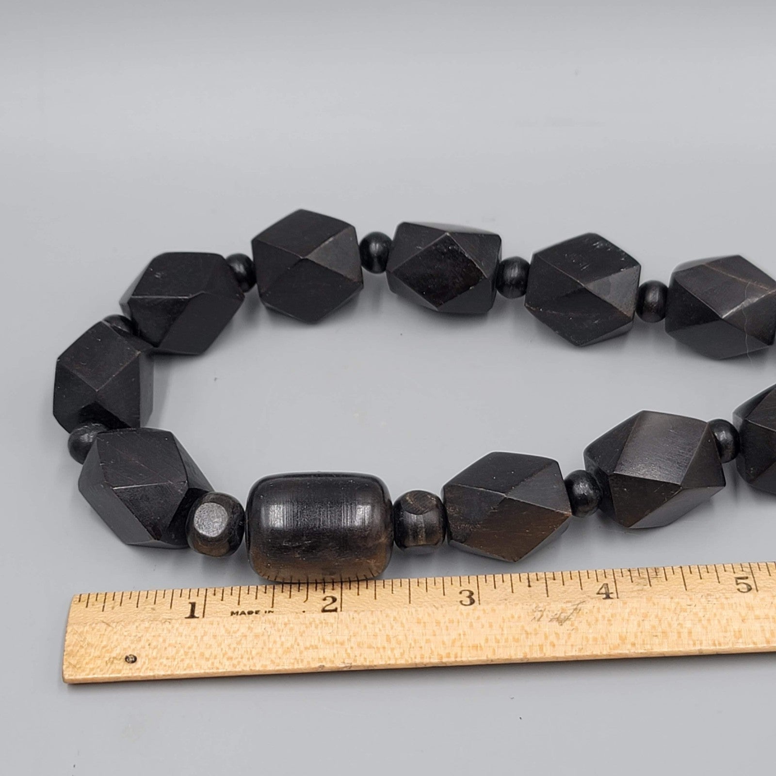 Vintage Large Black Wood Bead Statement Necklace Estate Costume Jewelry