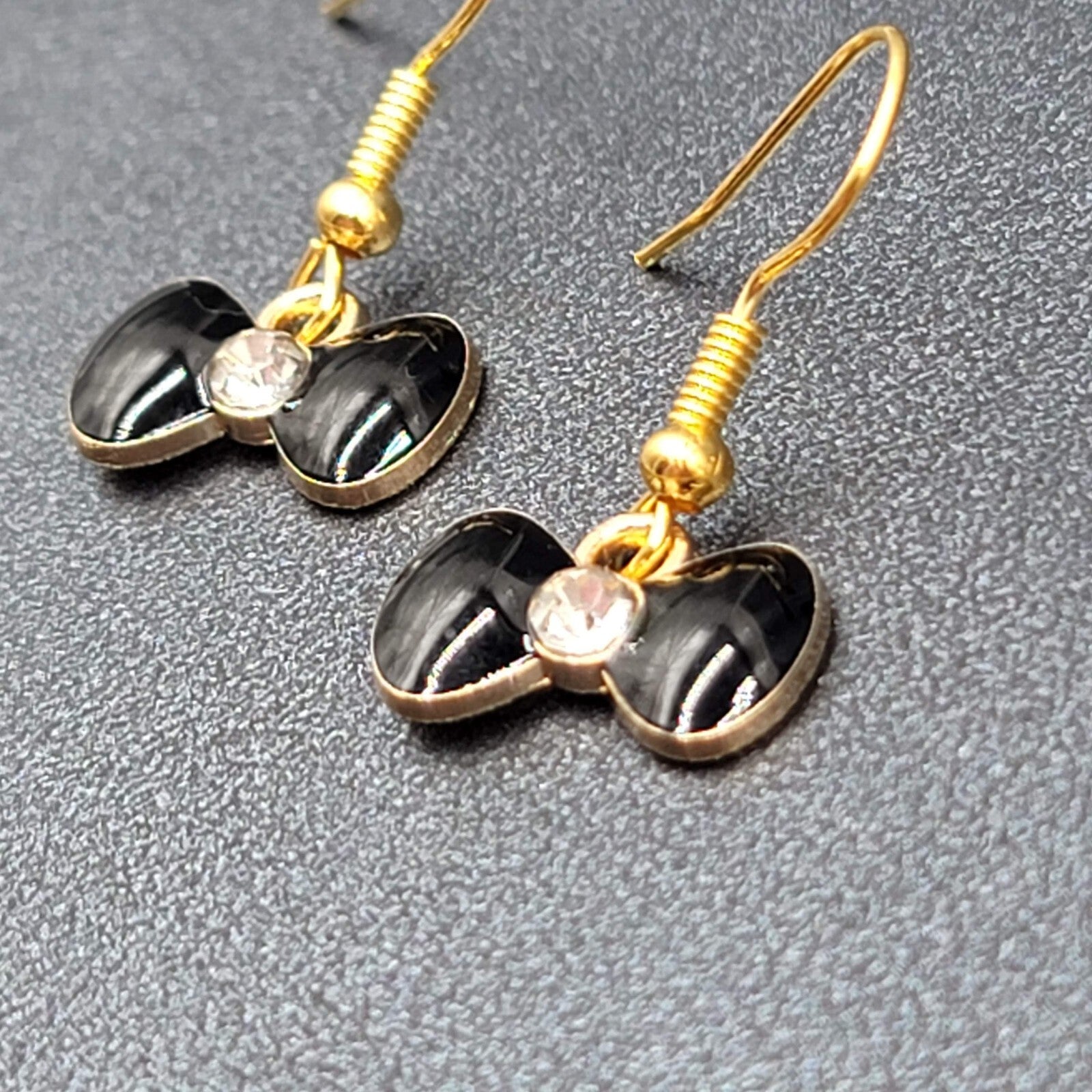 Bow Pierced Earrings Gold tone Crystal Black Enamel Dangle 3/8"
