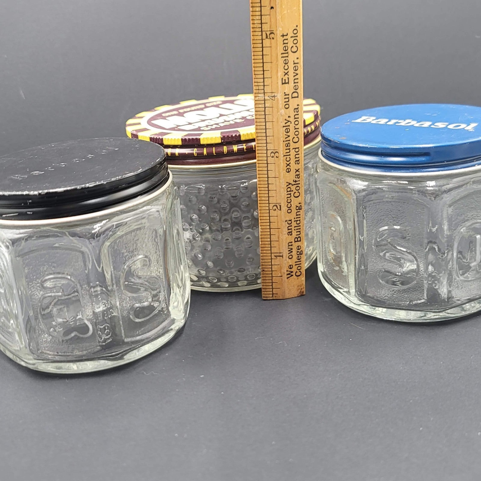 Lot of 3 Vintage Molle Barbosol Shaving Cream Embossed Glass Jars