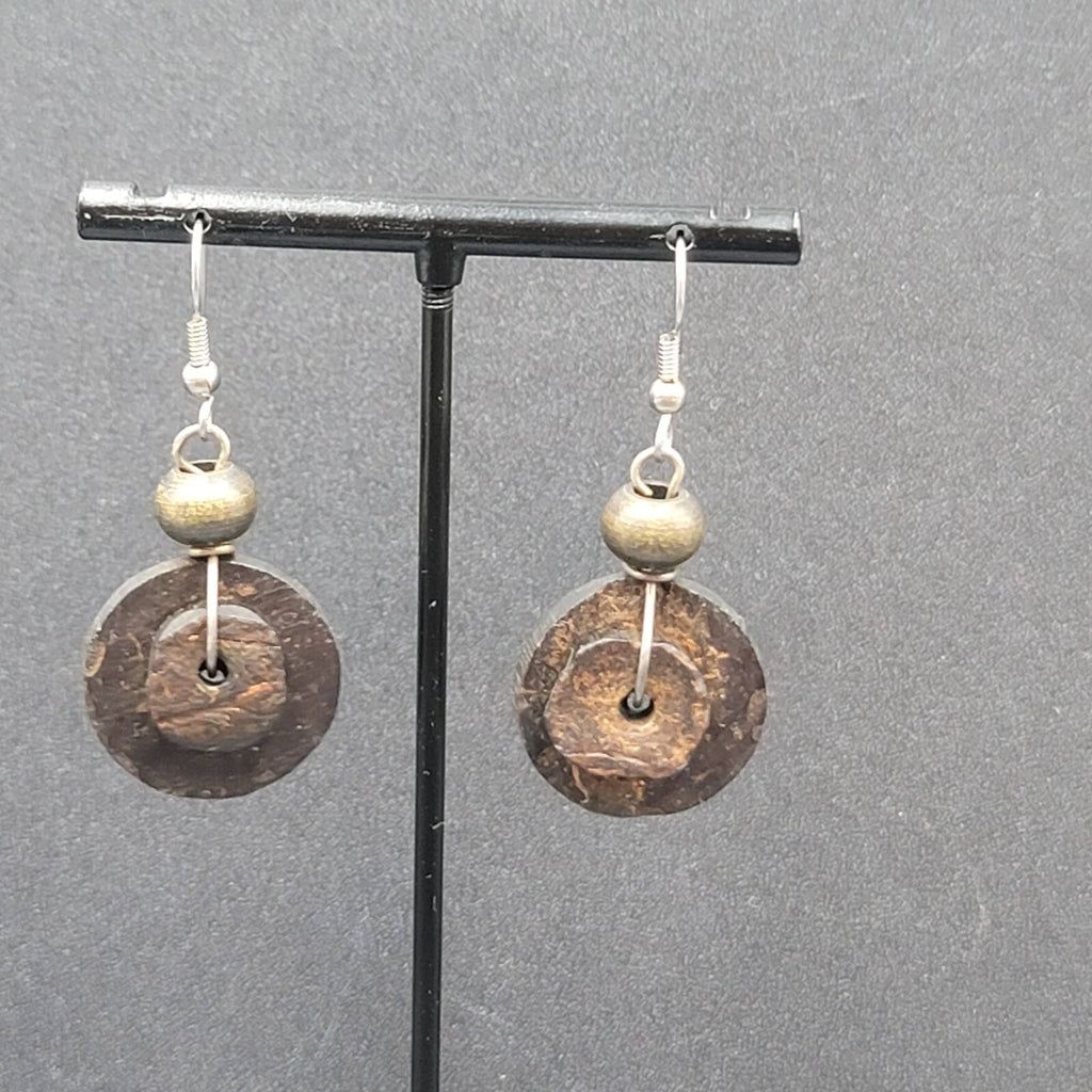 Pierced Earrings Silver tone Coconut Layered Disc Beads Dangle 1.25"
