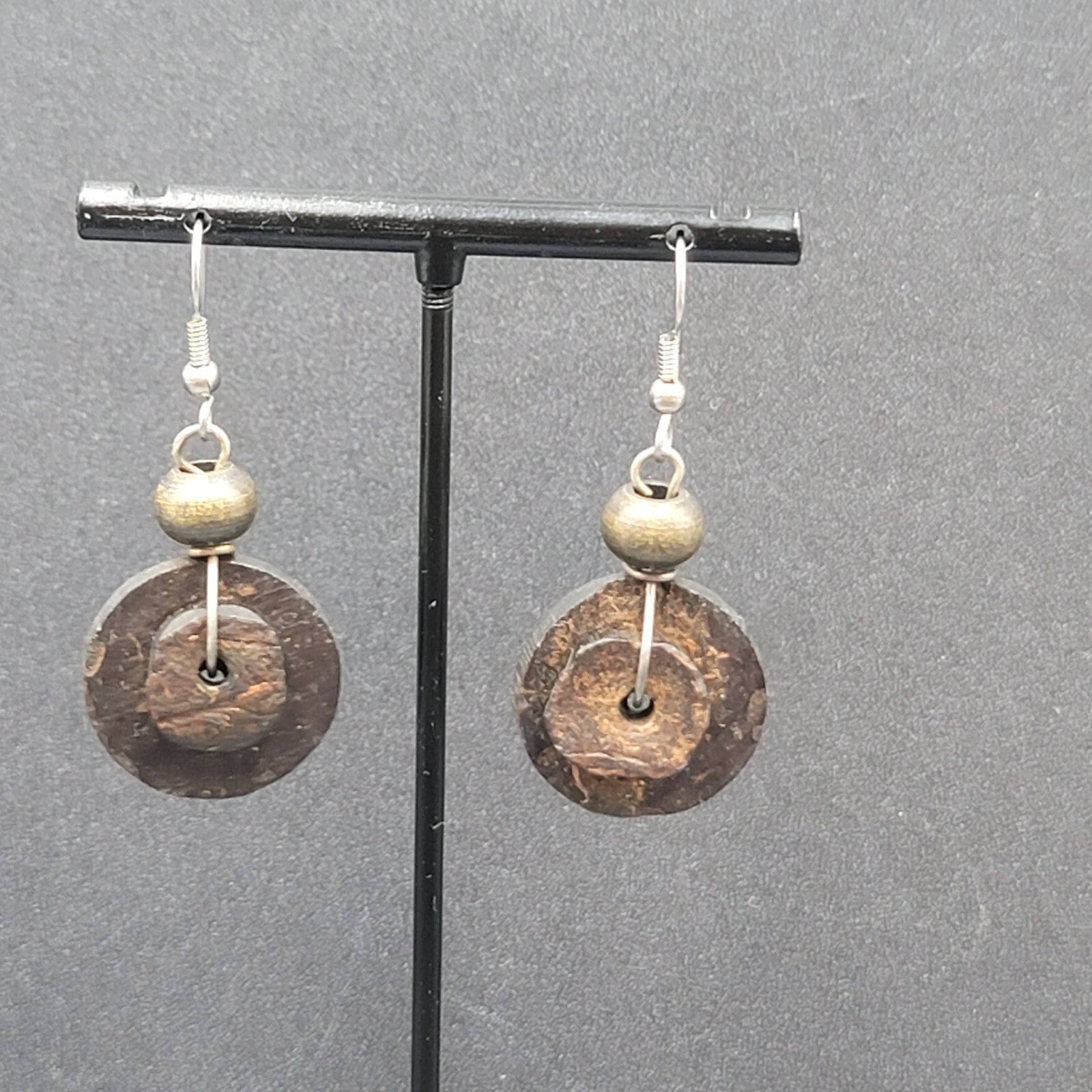 Pierced Earrings Silver tone Coconut Layered Disc Beads Dangle 1.25"