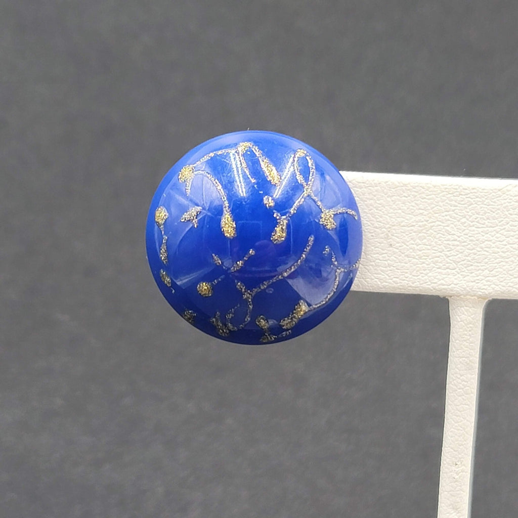 Vintage Pierced Earrings Blue Dome Studs Gold Glitter Paint 1"