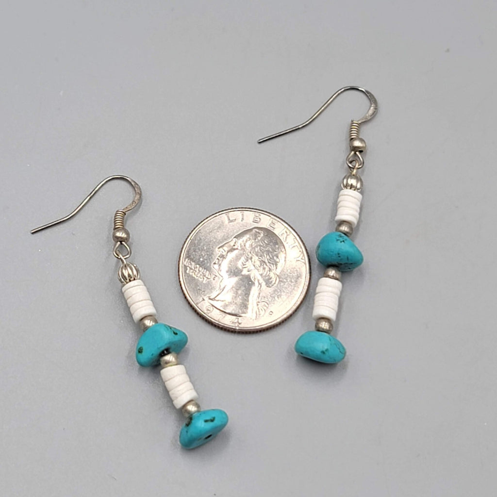 Sterling Silver Pierced Earrings Turquoise Nugget Bead Shell Heishi  1.5" 925