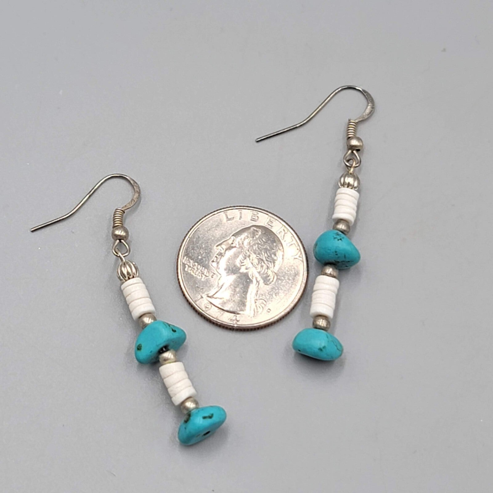 Sterling Silver Pierced Earrings Turquoise Nugget Bead Shell Heishi  1.5" 925