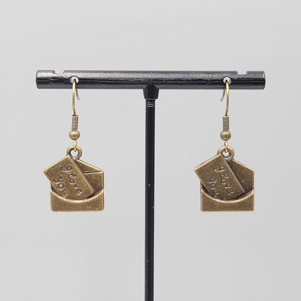 Love Note Pierced Earrings Bronze tone Dangle Embossed 3/4"