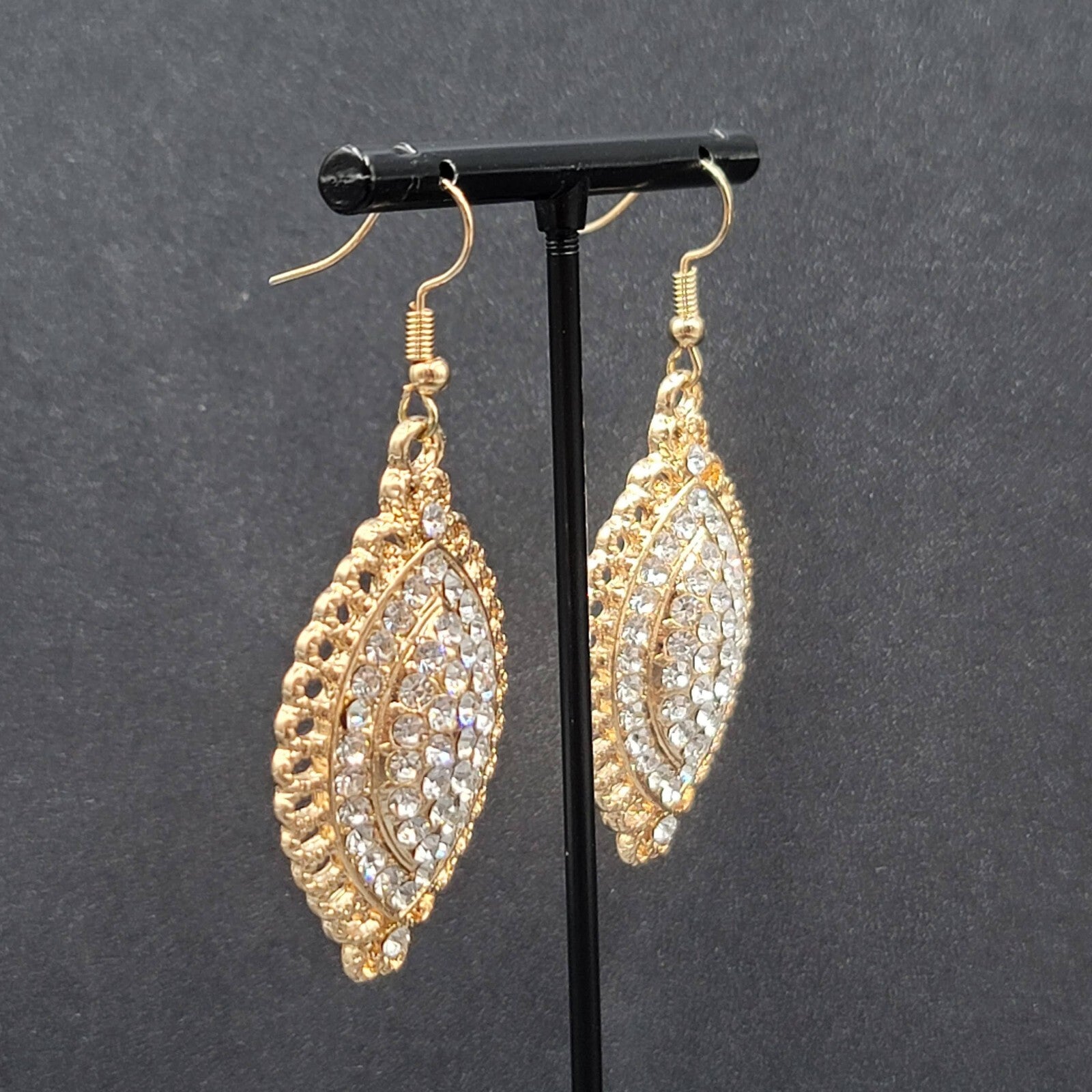 Pierced Earrings Gold Plated Crystal Rhinestone Sparkle Statement 1.75"