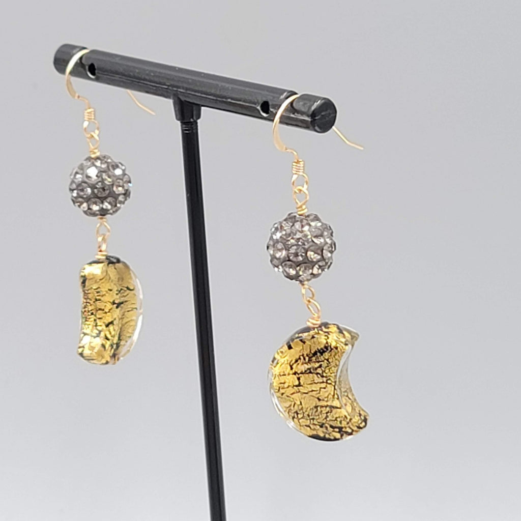 Dichroic Glass Moon Pierced Earrings Gold tone Rhinestone Dangle 1.5"