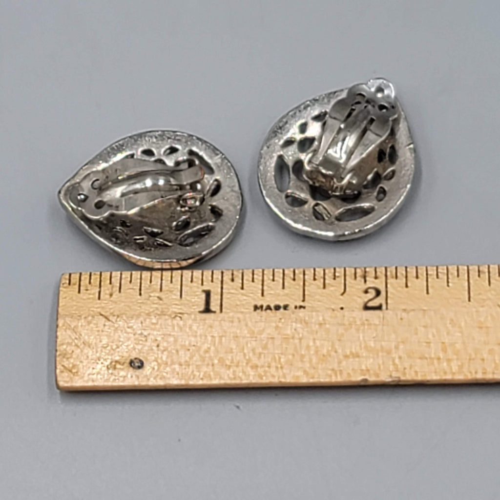 Vintage Teardrop Clip on Earrings Black Enamel Silver tone Drop 1 1/8"