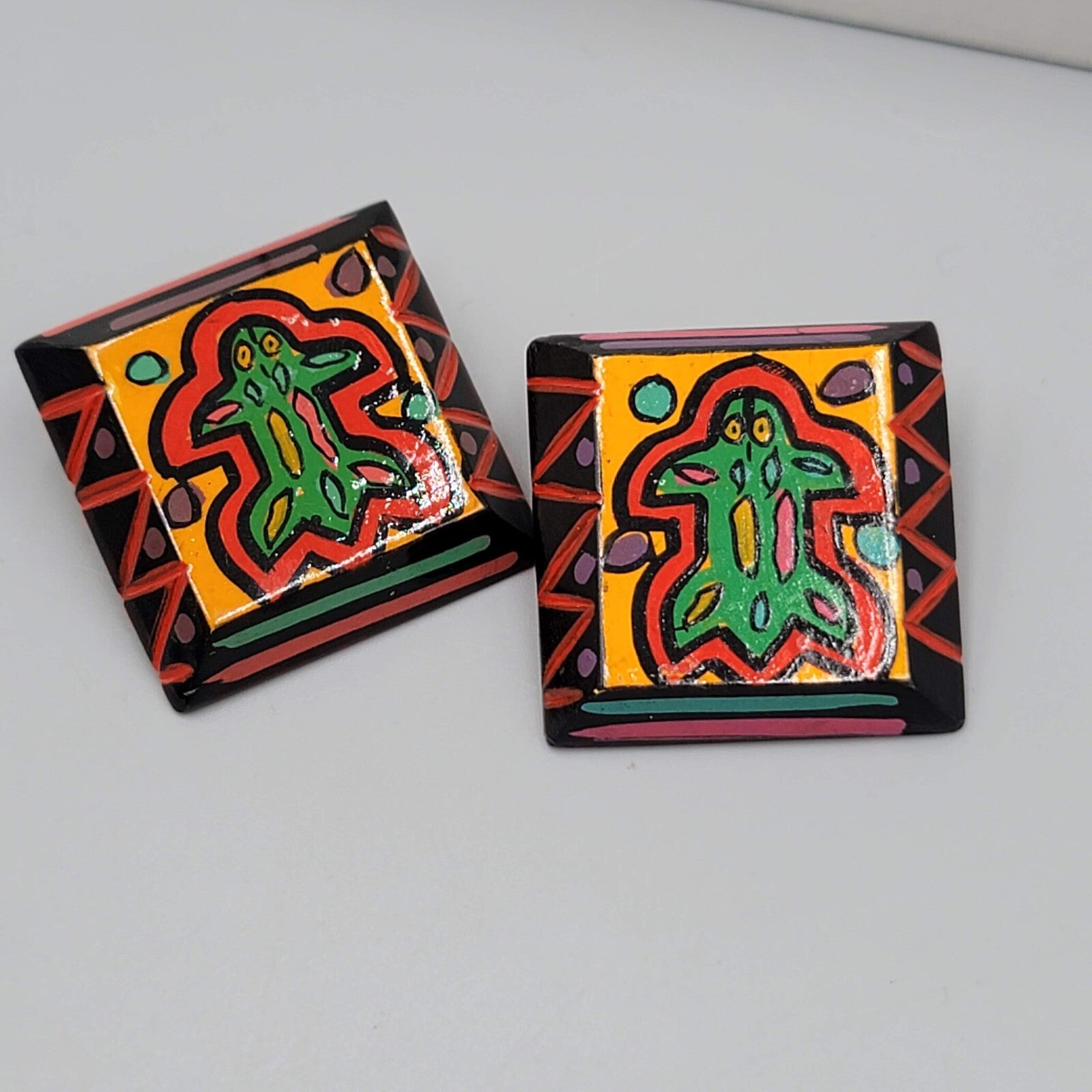 Vintage Wood Square Pierced Earrings Hand Painted Made in India 1.5"