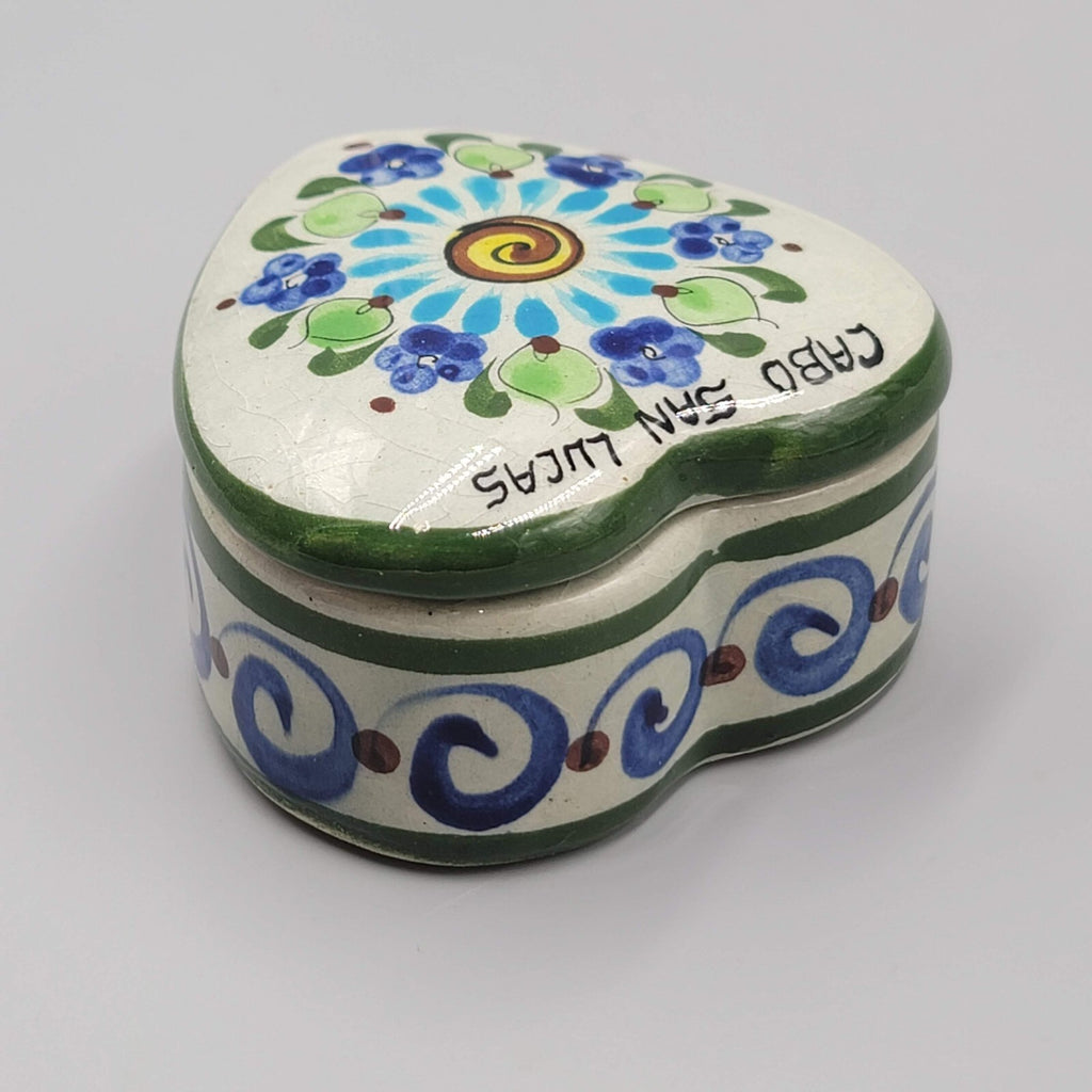 Mexico Heart Shaped Trinket Jewelry Box Tonala Pottery Signed CAT Cabo San Lucas