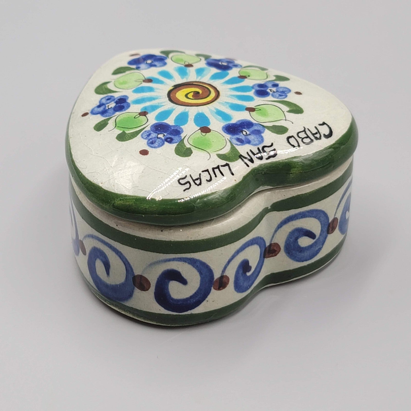 Mexico Heart Shaped Trinket Jewelry Box Tonala Pottery Signed CAT Cabo San Lucas