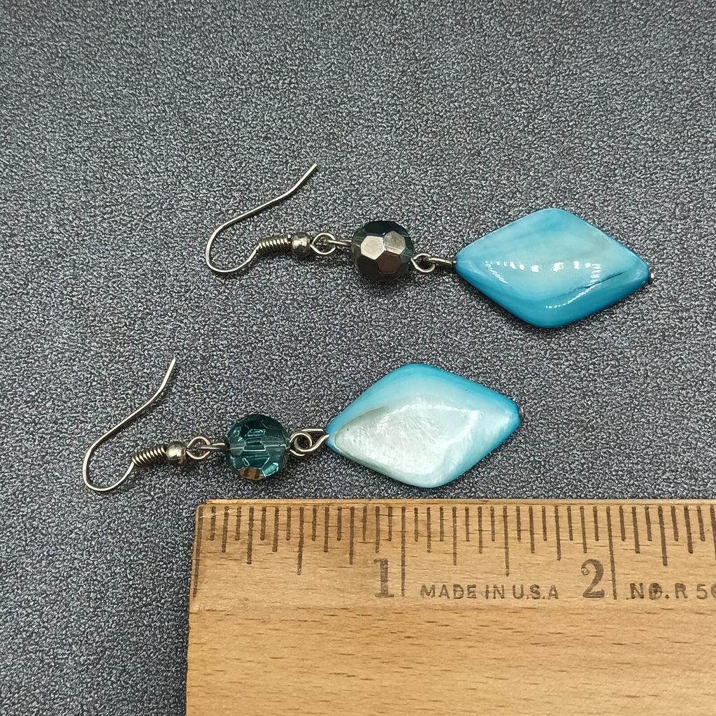 Pierced Earrings Silver tone Hook Blue Shell Geometric Beaded Dangle 1 5/8"
