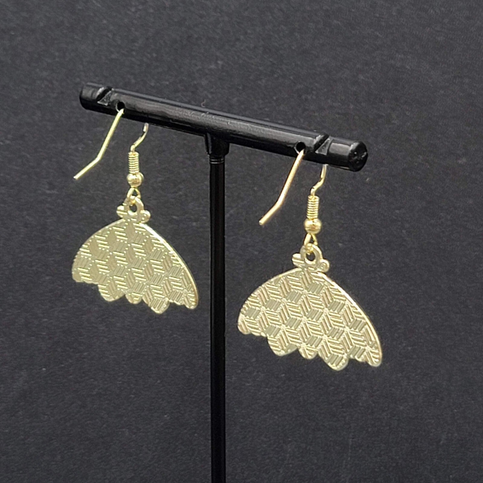 Moth Pierced Earrings Gold tone Yellow Black Enamel Dangle 3/4"