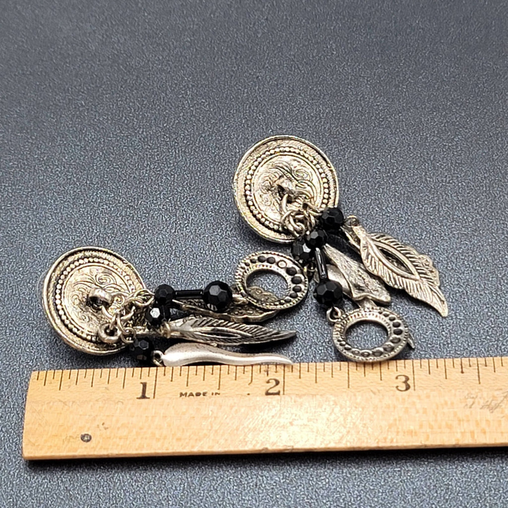 Boho Pierced Earrings Silver tone Black Beads Dangle Charms 2.25"