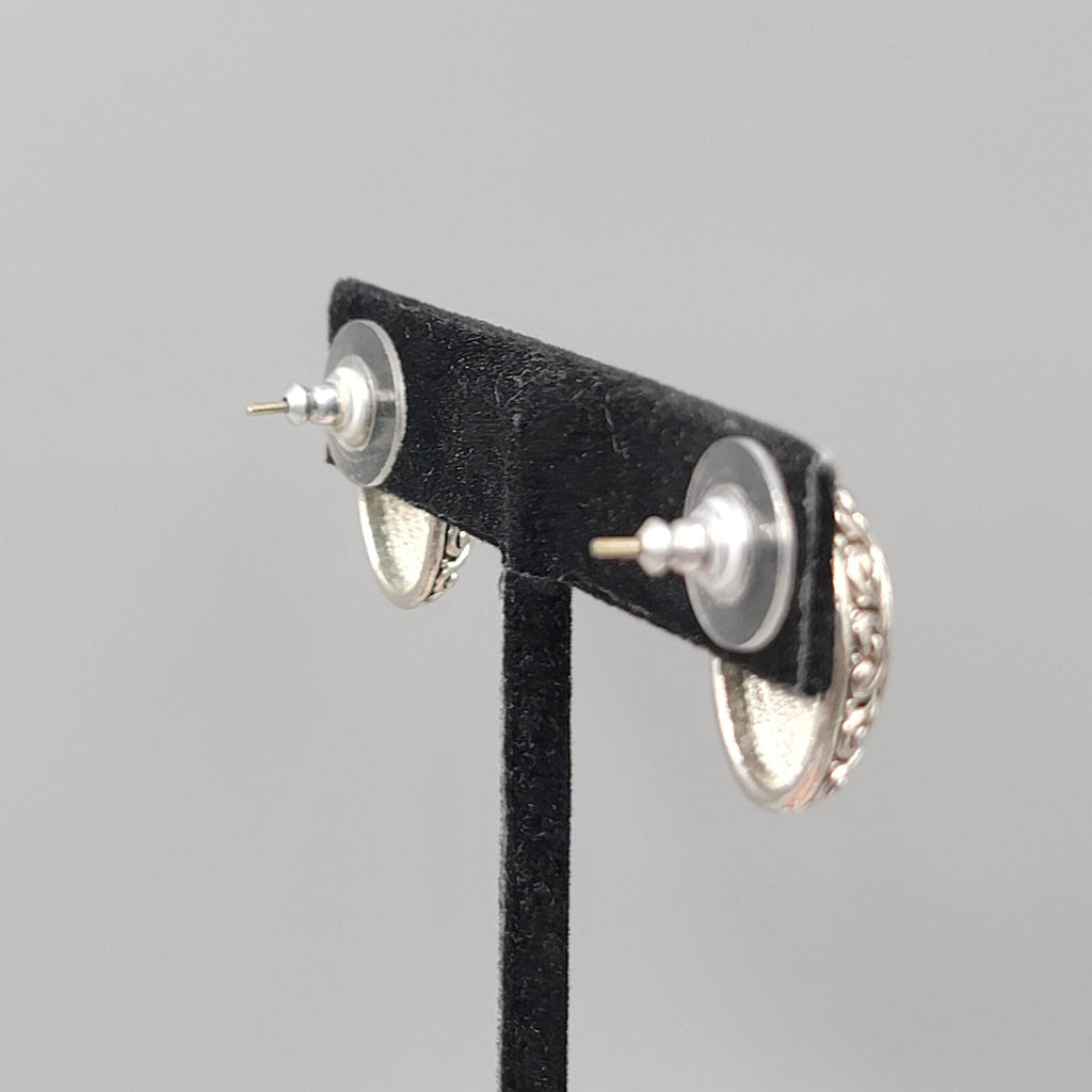 Pierced Earrings Silver tone Embossed Black Enamel Oval Drop 3/4"