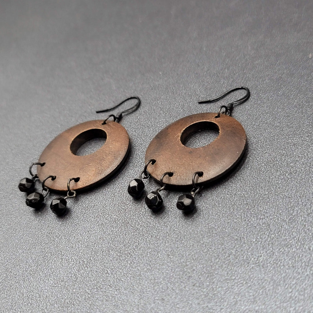 Pierced Earrings Black Metal Round Wood Black Beads Dangle 1.75"
