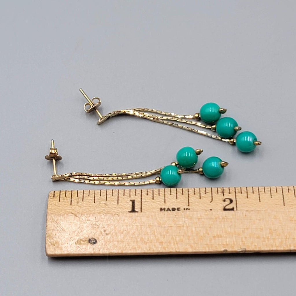 Vintage Dangle Chains Pierced Earrings Teal Bead 2"